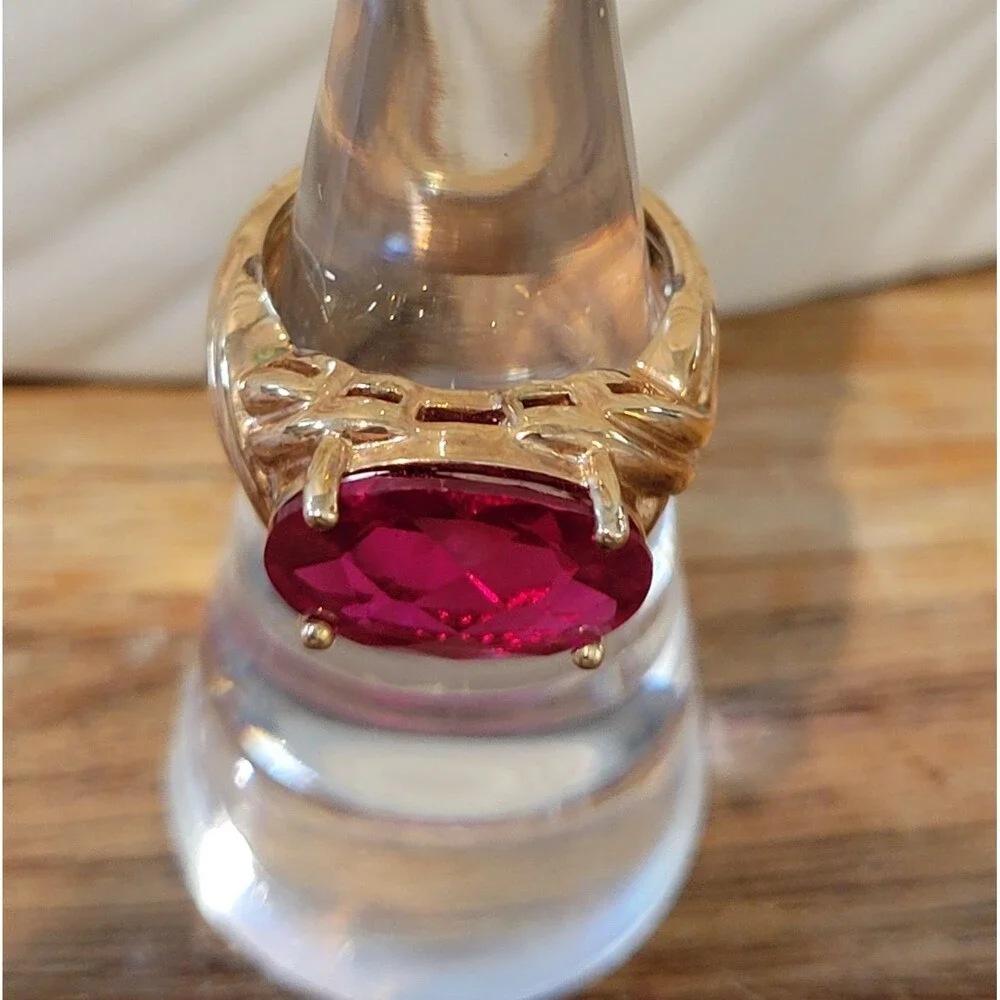 Lab Created Ruby Ring, Gold Plated, 925 Sterling Silver - Size 5 - 1980s